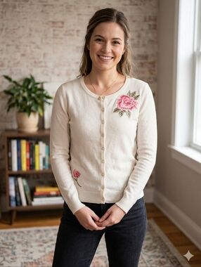 Vintage Melrose Chic Cream Cardigan with Pink Rose Embroidery